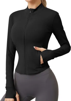 AKEWEI Womens Zip Up Workout Jackets Lightweight Athletic Slim Fit Track Jacket with Inner and Outer Pockets and Thumb Holes