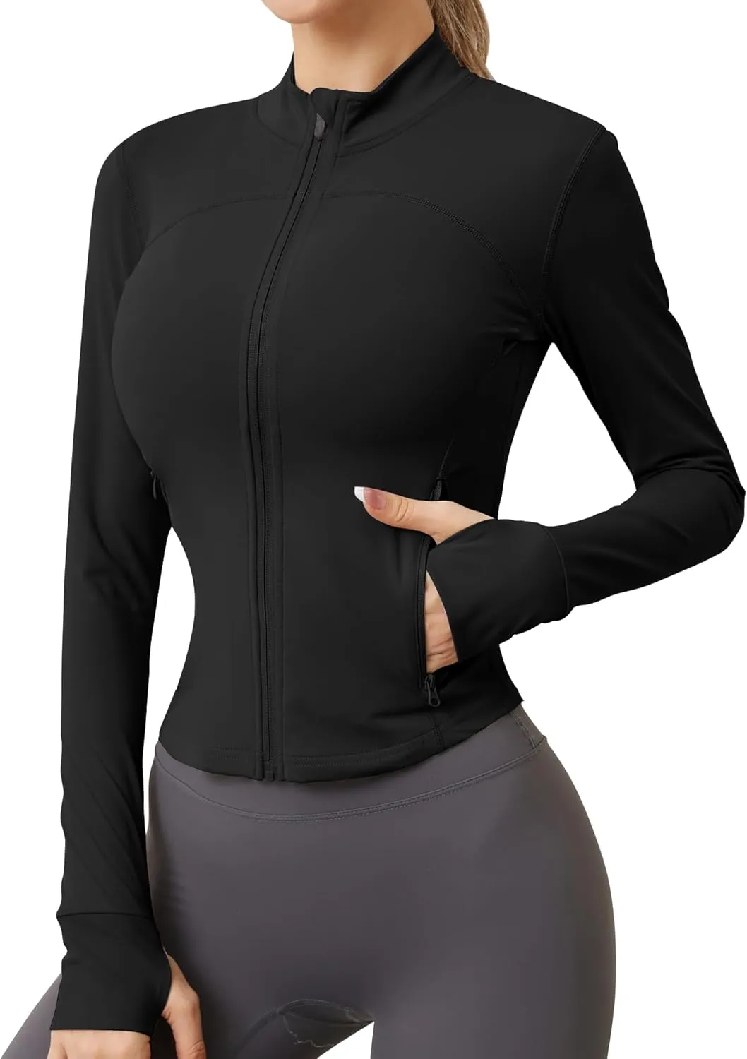 AKEWEI Womens Zip Up Workout Jackets Lightweight Athletic Slim Fit Track Jacket with Inner and Outer Pockets and Thumb Holes