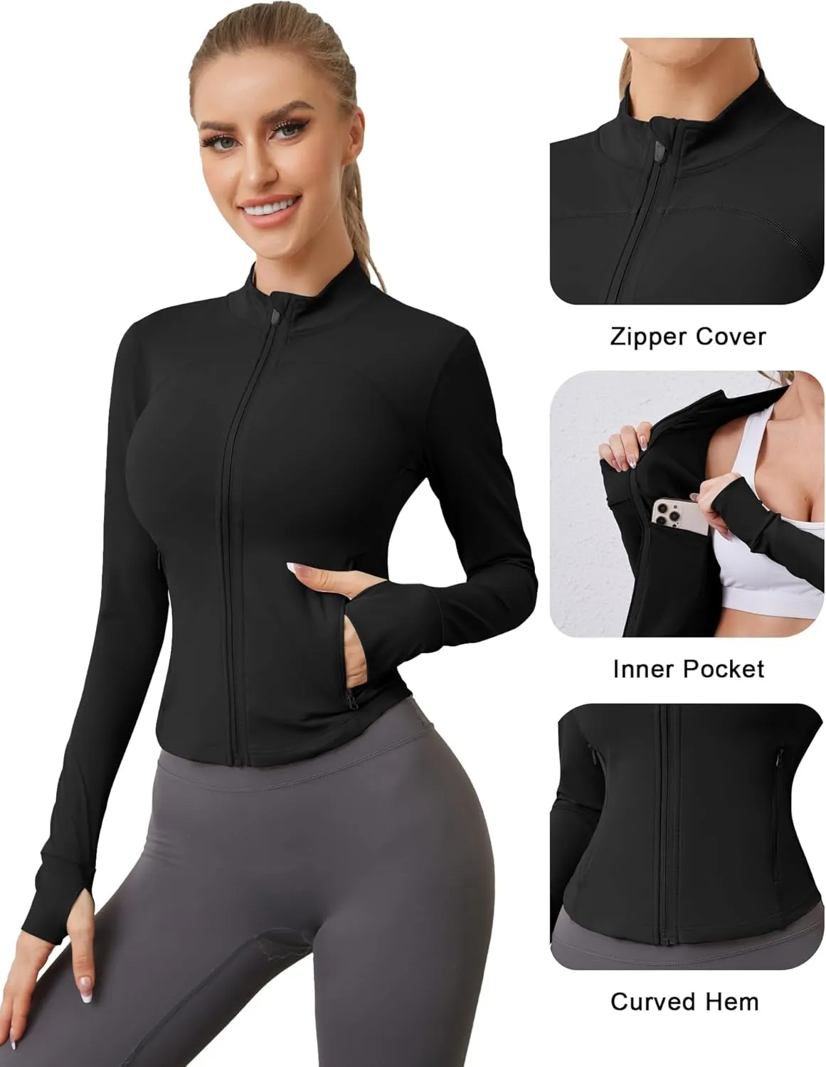 AKEWEI Womens Zip Up Workout Jackets Lightweight Athletic Slim Fit Track Jacket with Inner and Outer Pockets and Thumb Holes