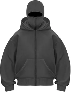Balaclava Hoodie Zipper, Winter Hoodies for Men Double Layer Hooded Sweatshirt Fleece Zip Jacket