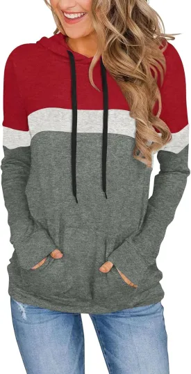 CATHY Womens Long Sleeve Hoodies Tops Casual Color Block Sweatshirts Comfy Drawstring Pullover with Pocket CATHY Womens Long Sleeve Hoodies Tops Casual Color Block Sweatshirts Comfy Drawstring Pullover with Pocket