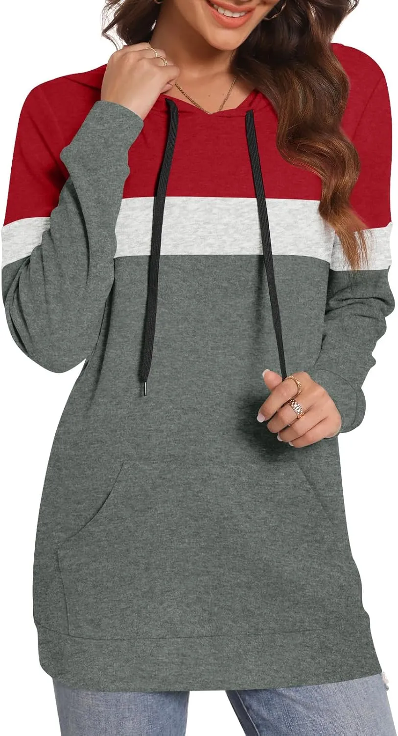 CATHY Womens Long Sleeve Hoodies Tops Casual Color Block Sweatshirts Comfy Drawstring Pullover with Pocket