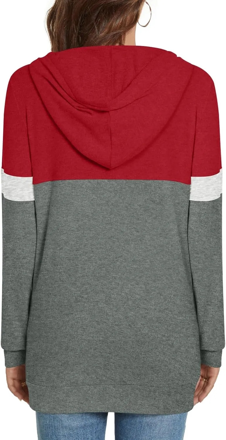 CATHY Womens Long Sleeve Hoodies Tops Casual Color Block Sweatshirts Comfy Drawstring Pullover with Pocket