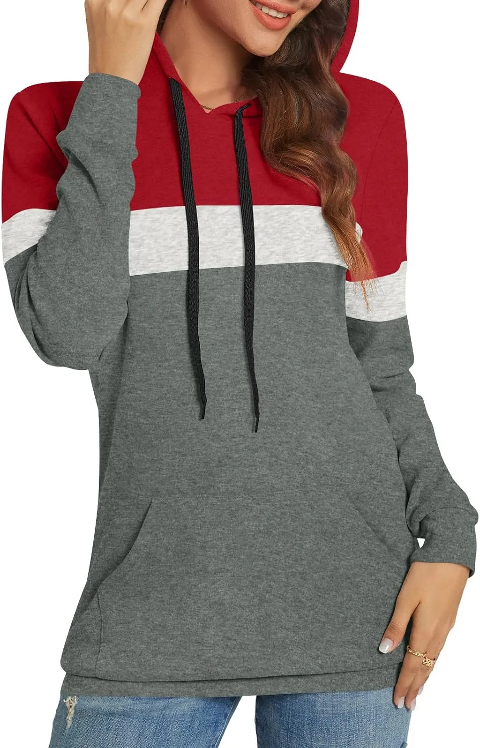 CATHY Womens Long Sleeve Hoodies Tops Casual Color Block Sweatshirts Comfy Drawstring Pullover with Pocket