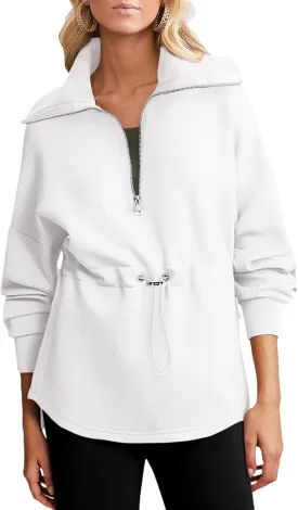 Dokotoo Womens Oversized Sweatshirts Half Zip Drawstring Waist Long Sleeve Side Slits Casual Pullover Sweatshirt Tops