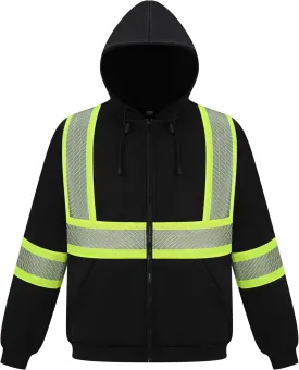 Gasoline Men's High Visibility Safety ANSI Class 3 Reflective Zipper Cold Weather Reflective Sweatshirt Hoodie HoodedBlack-L