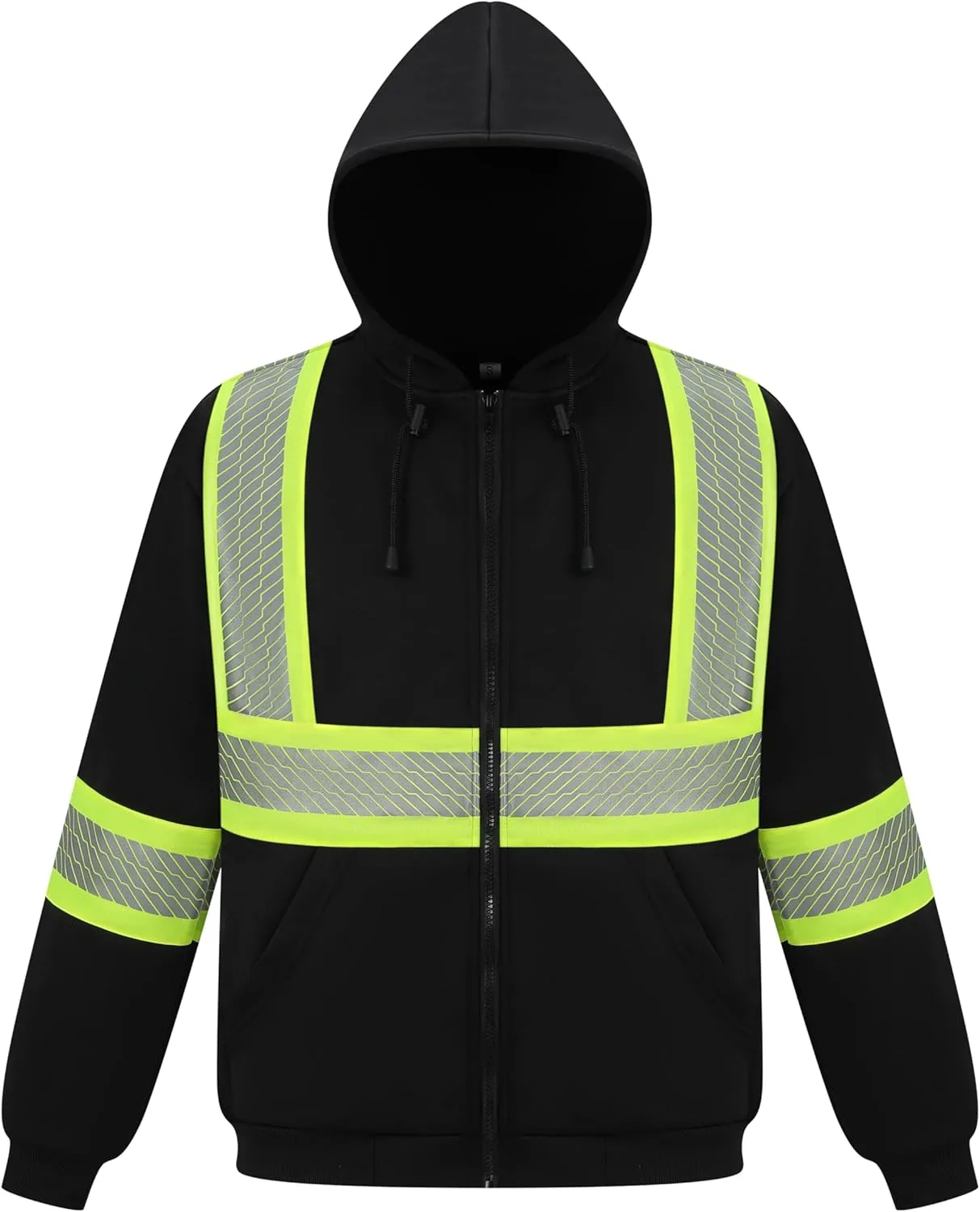 Gasoline Men's High Visibility Safety ANSI Class 3 Reflective Zipper Cold Weather Reflective Sweatshirt Hoodie HoodedBlack-L