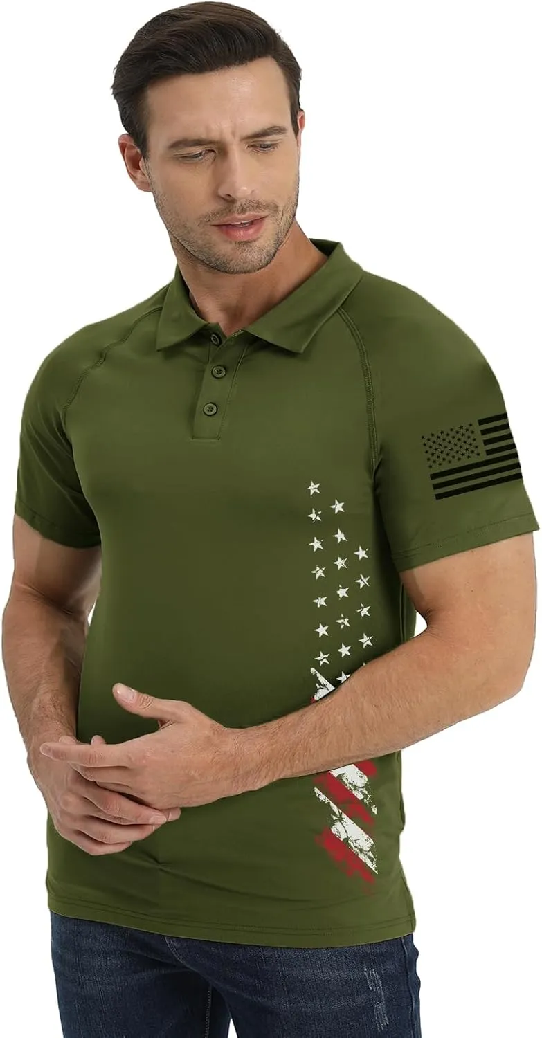 H HYFOL Short Sleeve Polo Shirts for Men Graphic Stretch Casual American Patriotic Raglan Golf Polos for Men