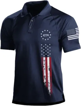 H HYFOL Short Sleeve Polo Shirts for Men Graphic Stretch Casual American Patriotic Raglan Golf Polos for Men