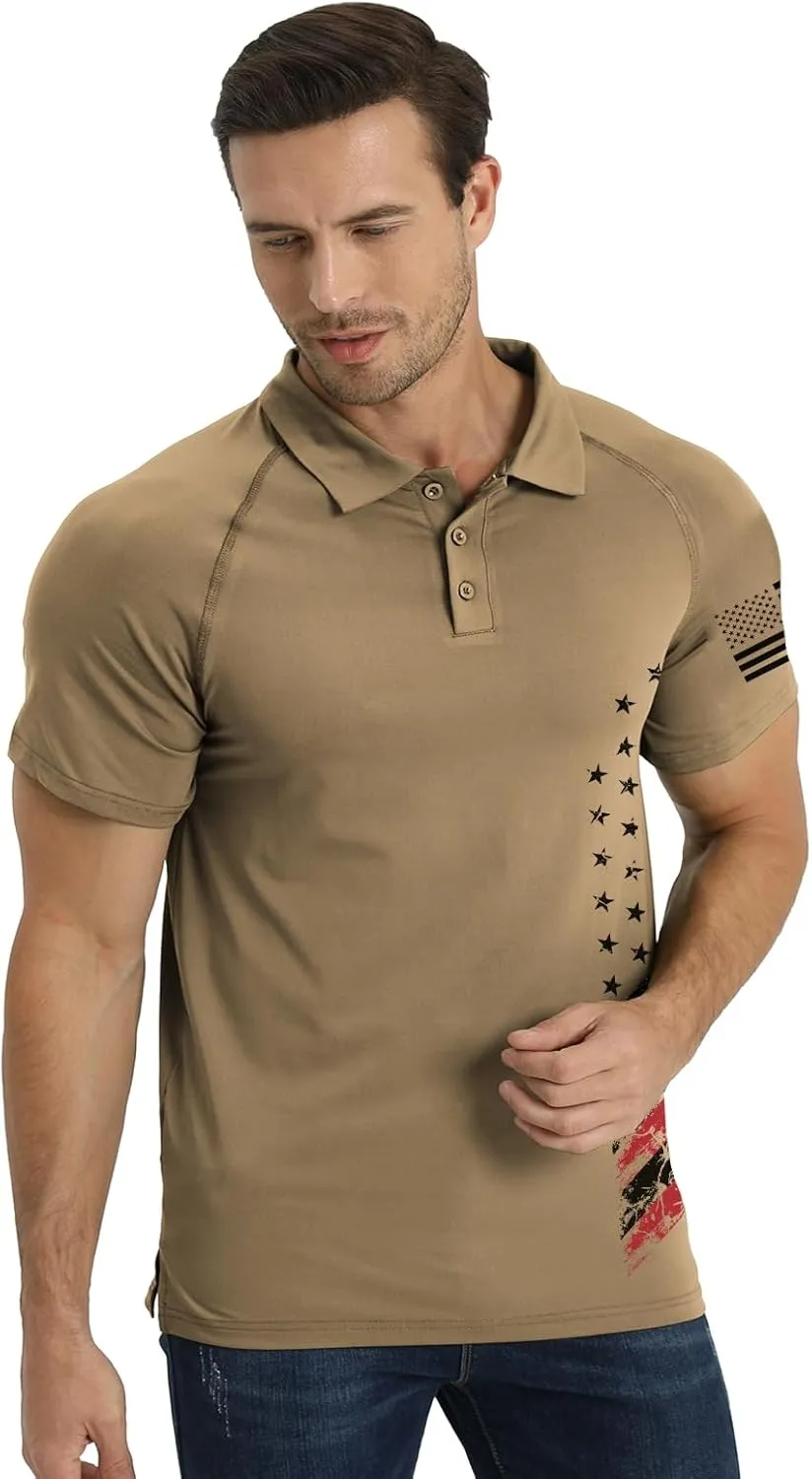 H HYFOL Short Sleeve Polo Shirts for Men Graphic Stretch Casual American Patriotic Raglan Golf Polos for Men