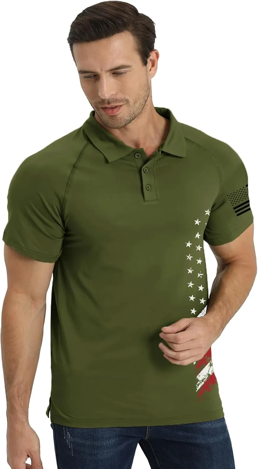 H HYFOL Short Sleeve Polo Shirts for Men Graphic Stretch Casual American Patriotic Raglan Golf Polos for Men