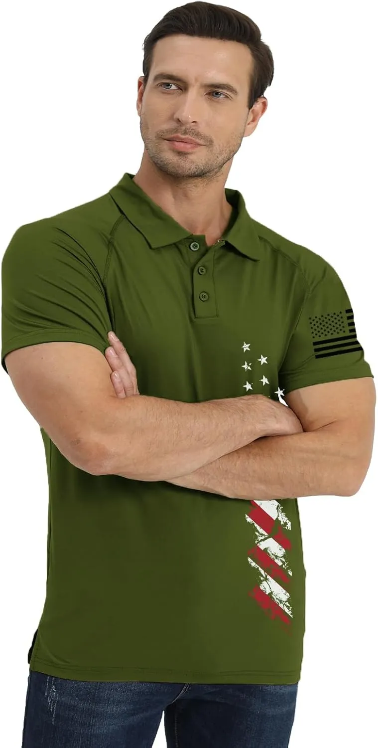 H HYFOL Short Sleeve Polo Shirts for Men Graphic Stretch Casual American Patriotic Raglan Golf Polos for Men