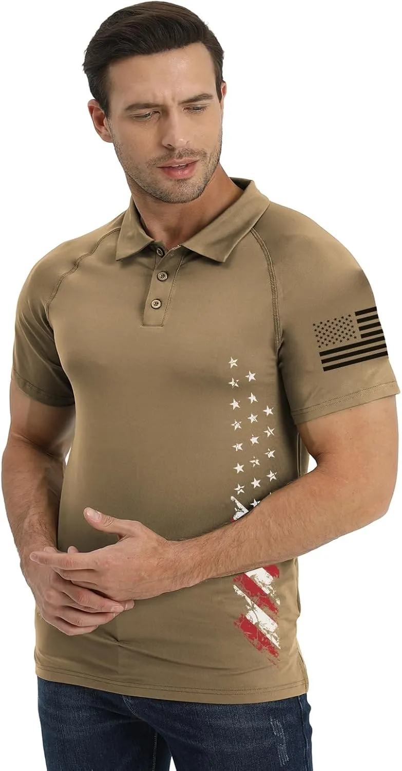 H HYFOL Short Sleeve Polo Shirts for Men Graphic Stretch Casual American Patriotic Raglan Golf Polos for Men