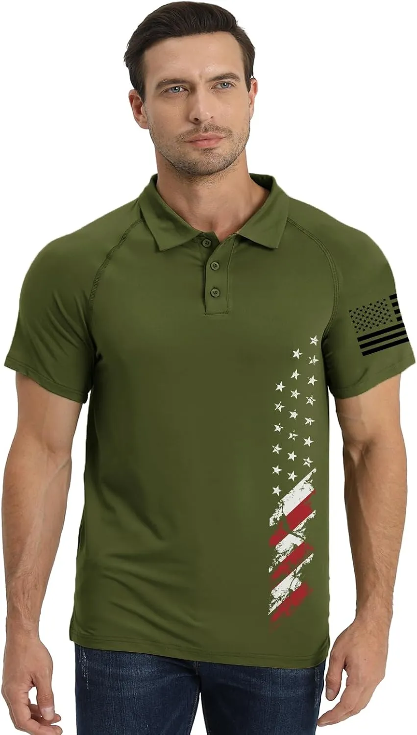 H HYFOL Short Sleeve Polo Shirts for Men Graphic Stretch Casual American Patriotic Raglan Golf Polos for Men