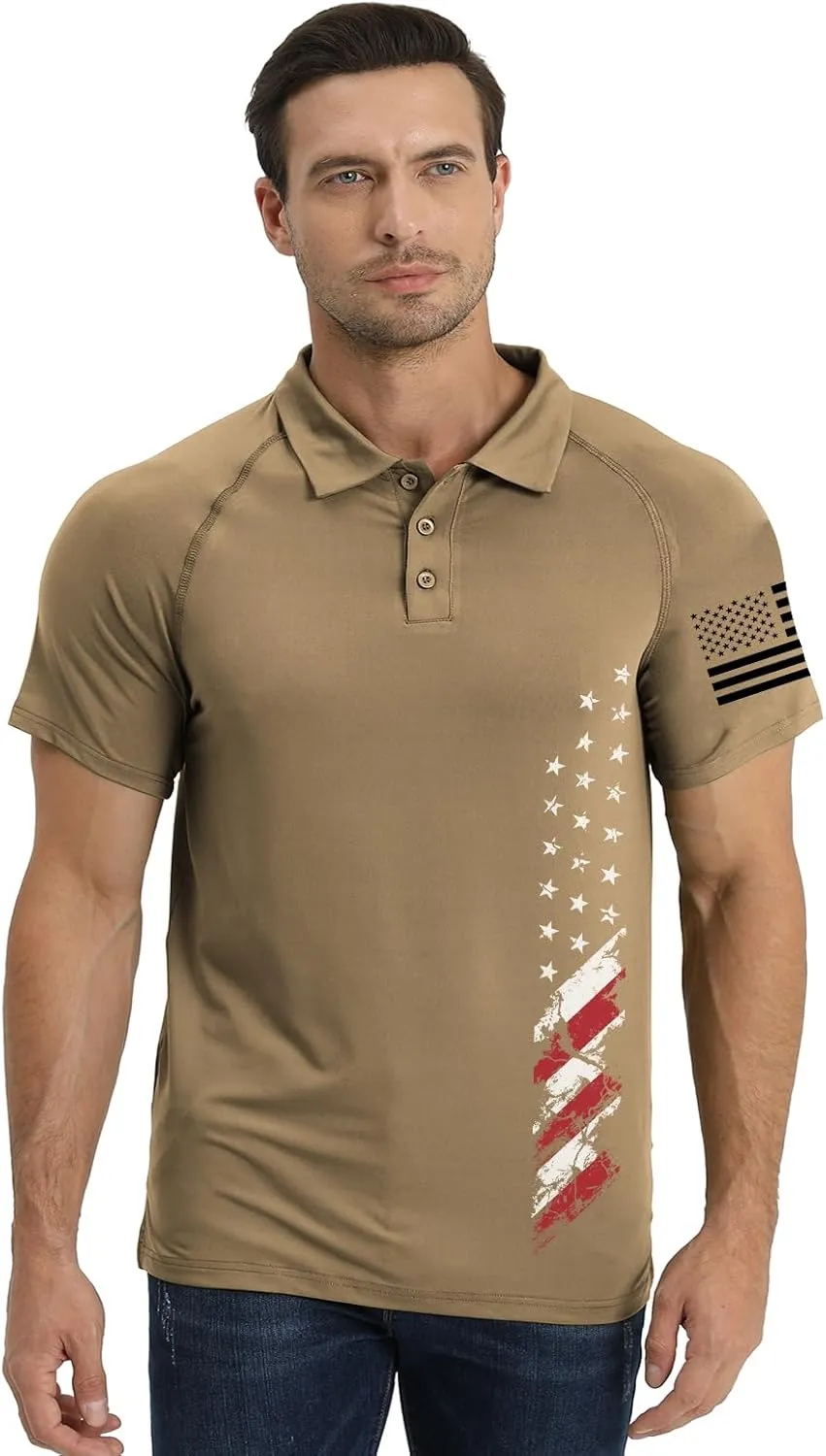 H HYFOL Short Sleeve Polo Shirts for Men Graphic Stretch Casual American Patriotic Raglan Golf Polos for Men