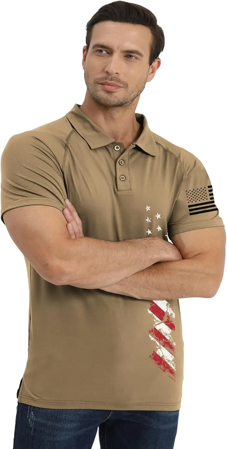 H HYFOL Short Sleeve Polo Shirts for Men Graphic Stretch Casual American Patriotic Raglan Golf Polos for Men