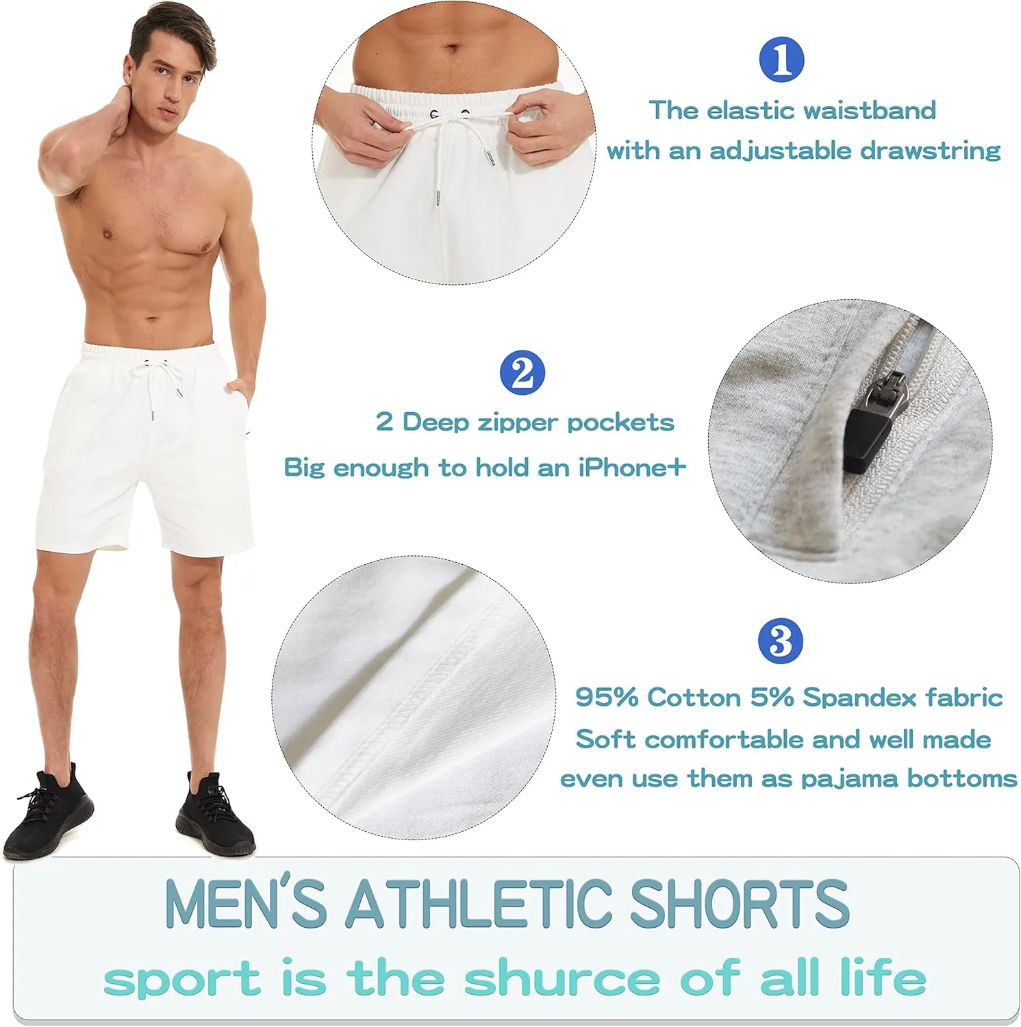HEALONG Mens Athletic Shorts Cotton: Workout Gym Running Exercise Training - 7" Drawstring Fashion Sports with Zipper Pockets