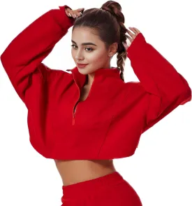 HerGymClothing Womens Cropped Sweatshirt Long Sleeve Half Zip Loose Workout Crop Athletic Jacket