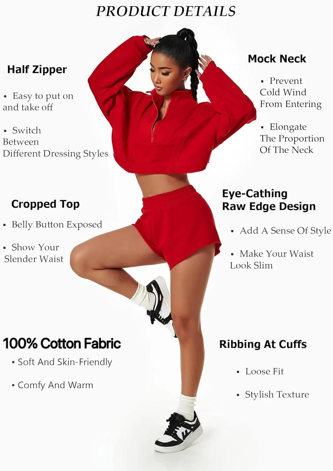 HerGymClothing Womens Cropped Sweatshirt Long Sleeve Half Zip Loose Workout Crop Athletic Jacket