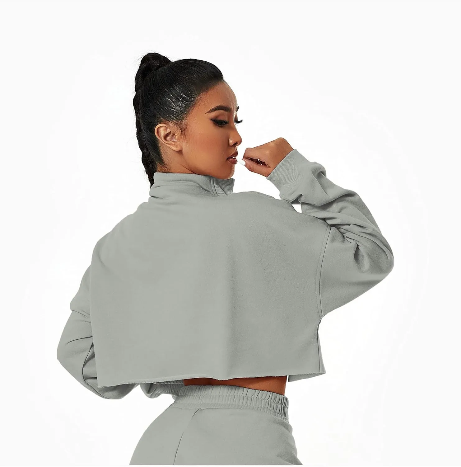 HerGymClothing Womens Cropped Sweatshirt Long Sleeve Half Zip Loose Workout Crop Athletic Jacket