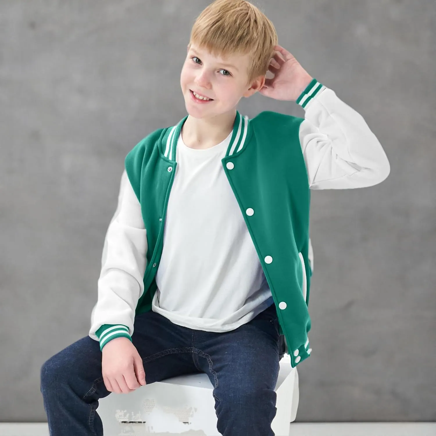 Kids Baseball Jackets Boys Girls Fit Varsity Jacket Casual Lightweight Plain Button Cardigan School Coat