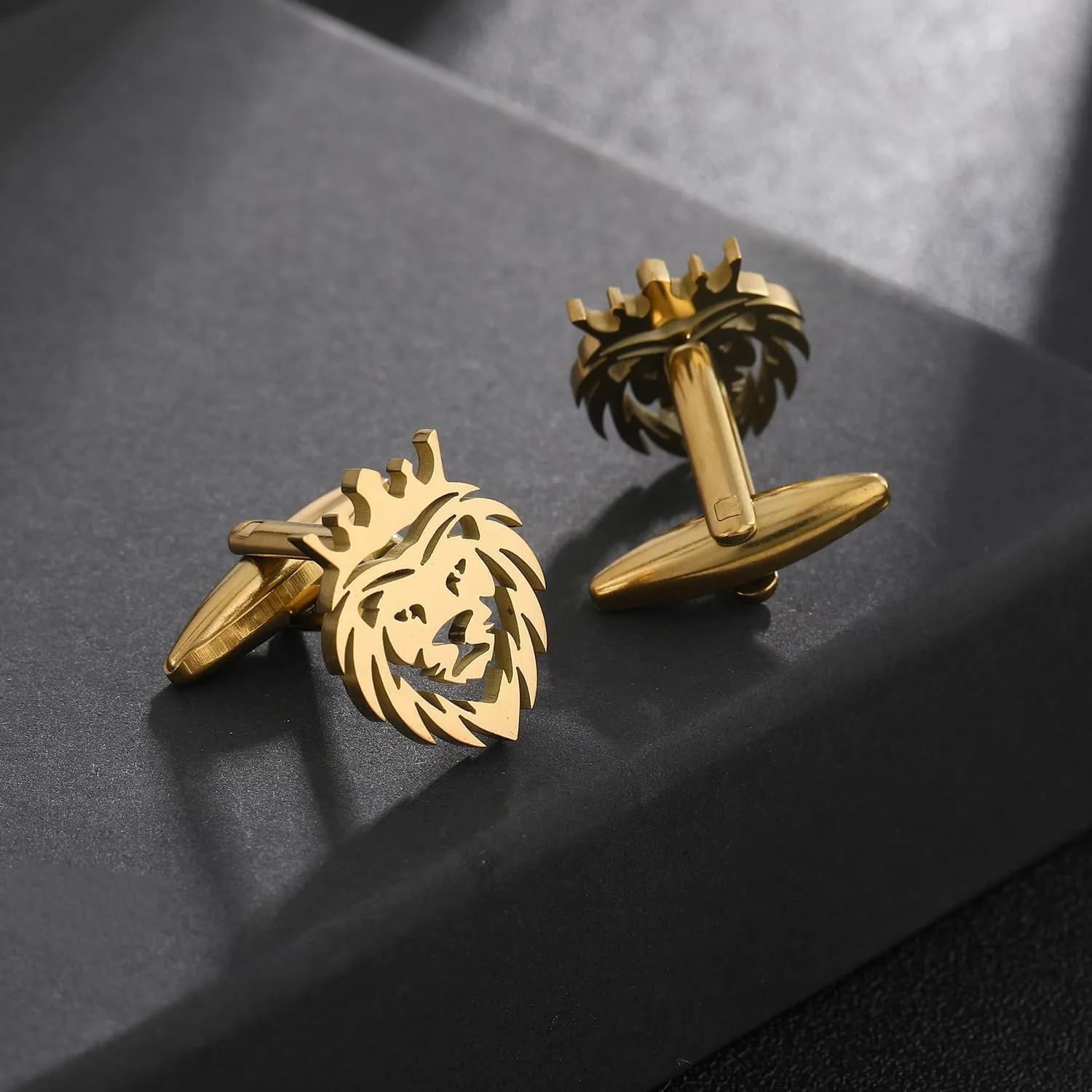 Lion Head Cufflinks, Gold-Tone Stainless Steel, Decorative Men's Formal Wear Accessory