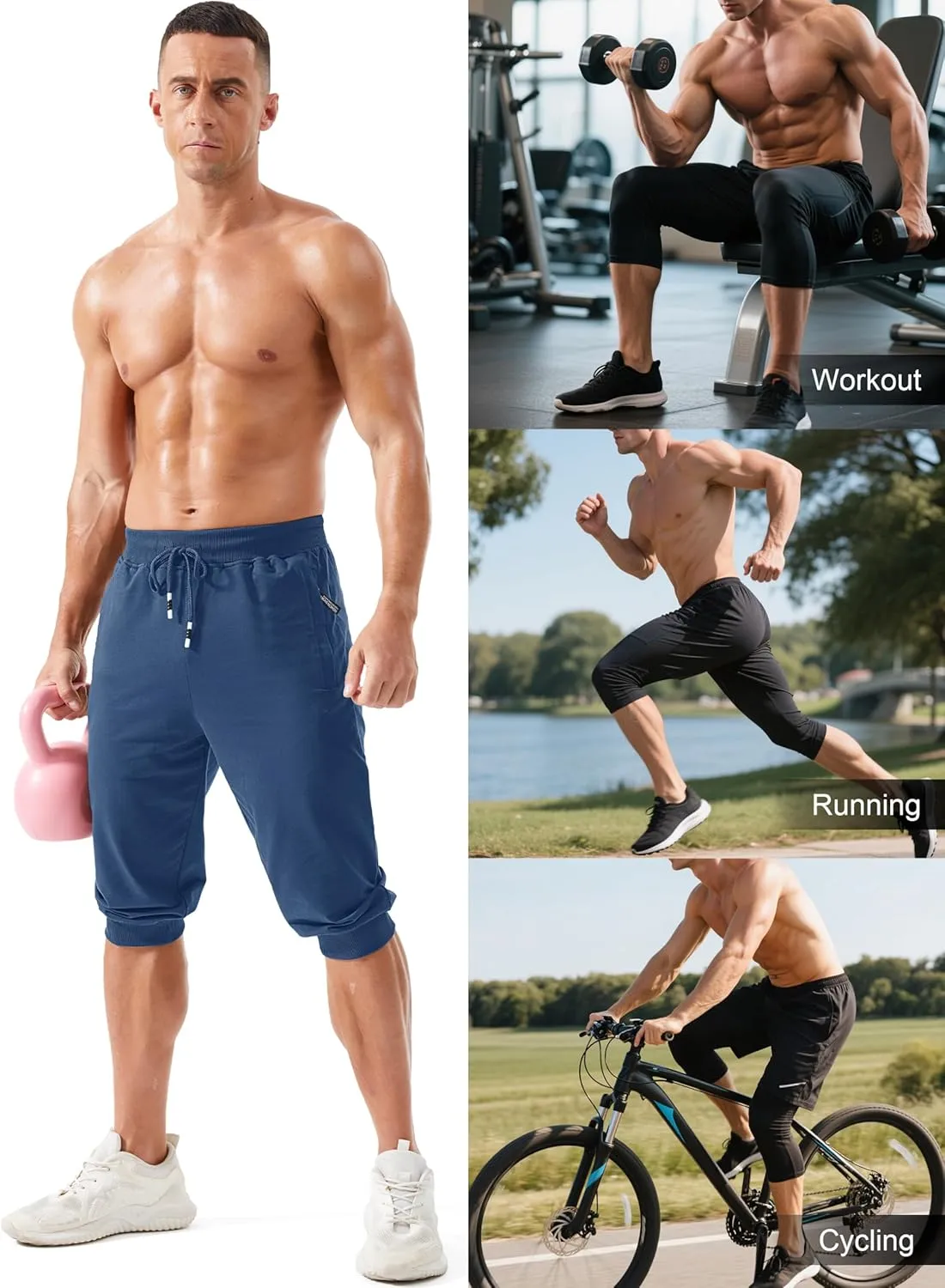 MAGCOMSEN Men's 3/4 Joggers Capri Pants with Zipper Pockets Slim Fit Training Running Workout Capri Joggers