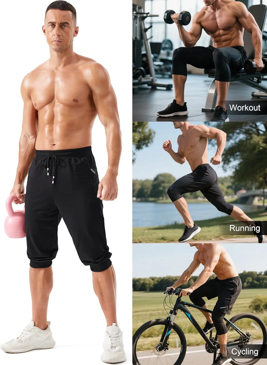 MAGCOMSEN Men's 3/4 Joggers Capri Pants with Zipper Pockets Slim Fit Training Running Workout Capri Joggers