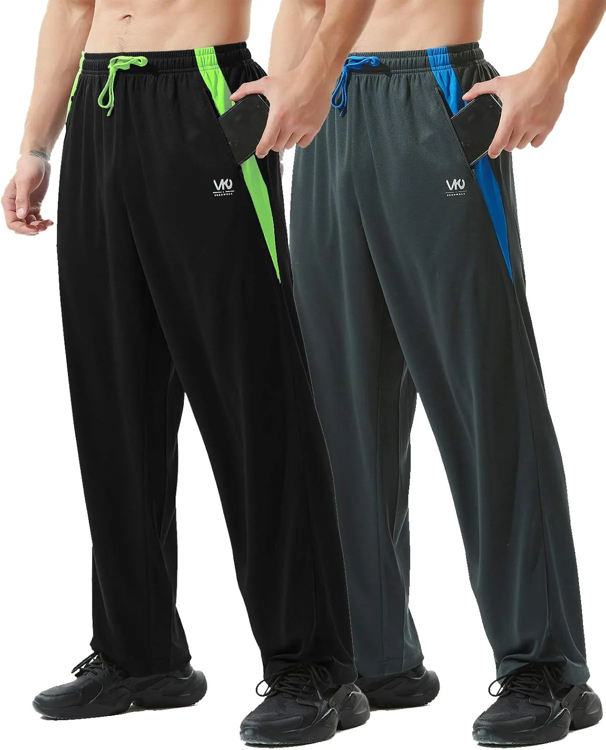 Mens Athletic Pants with Zipper Pockets Open Bottom Lightweight Sweatpants, for Workout, Running, Gym, Training