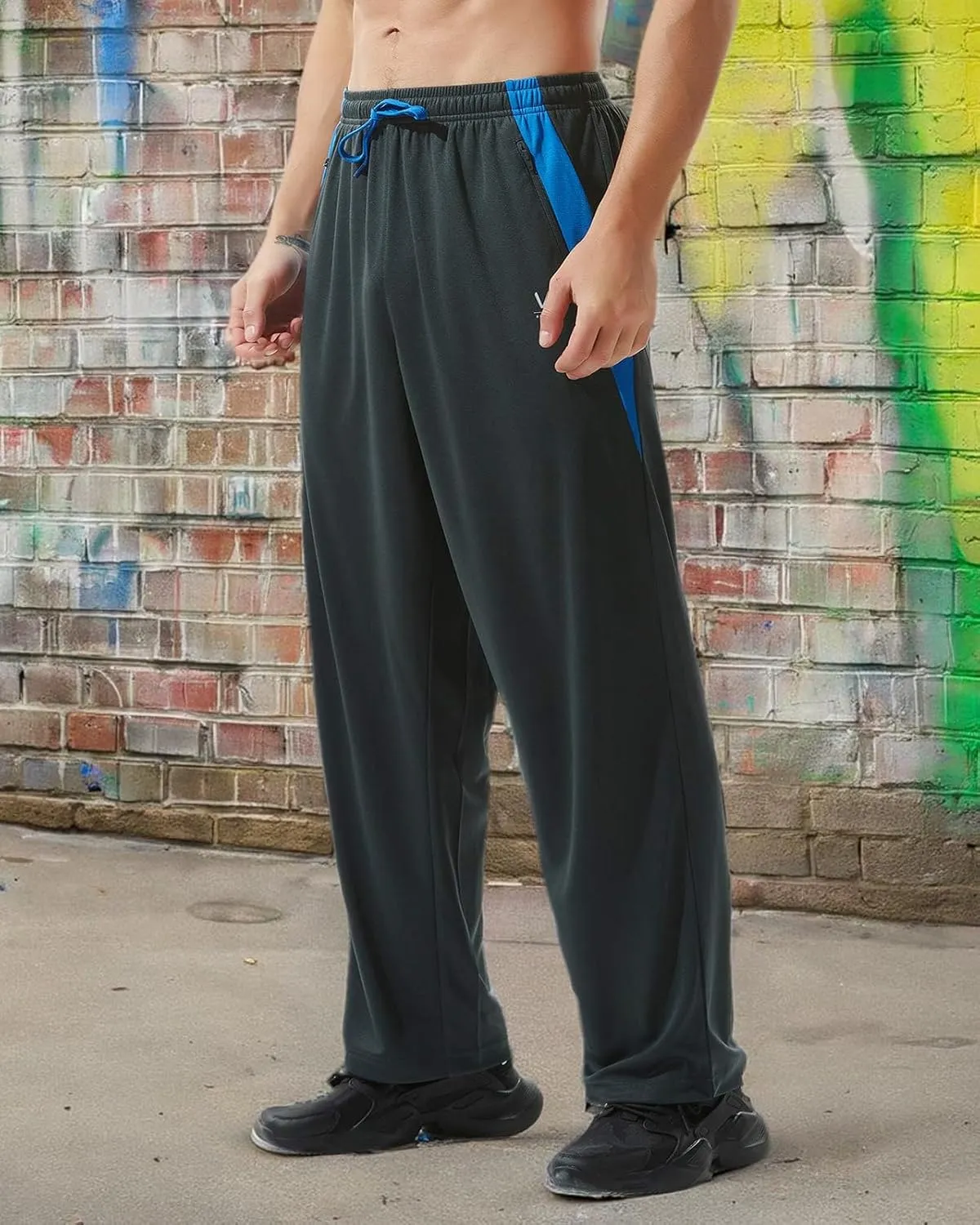 Mens Athletic Pants with Zipper Pockets Open Bottom Lightweight Sweatpants, for Workout, Running, Gym, Training