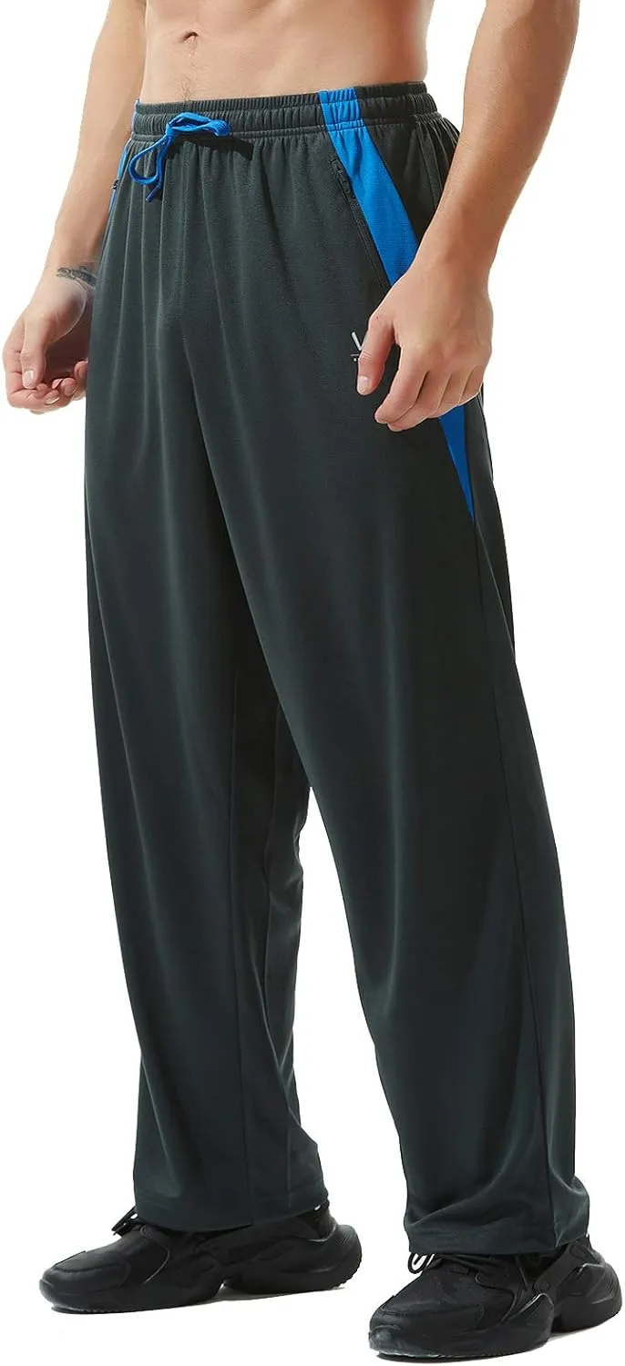 Mens Athletic Pants with Zipper Pockets Open Bottom Lightweight Sweatpants, for Workout, Running, Gym, Training