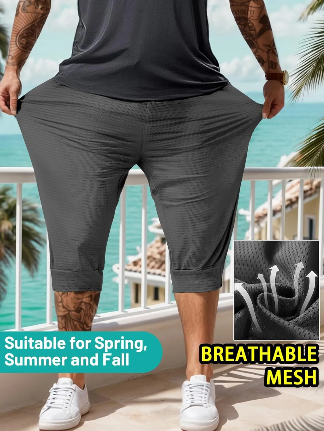 Men's Capri Pants 3/4 Long Jogger Sport Shorts,Workout/Gym/Yoga/Beach Shorts Quick Dry with Zipper Pockets