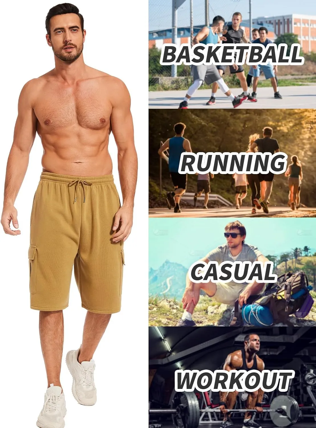 Mens Cargo Sweat Shorts Fleece Casual Athletic Workout Gym Jogger Shorts with 5 Pockets