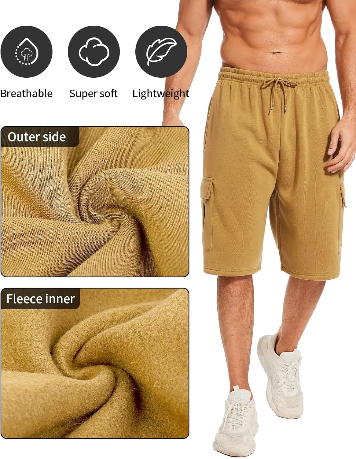 Mens Cargo Sweat Shorts Fleece Casual Athletic Workout Gym Jogger Shorts with 5 Pockets