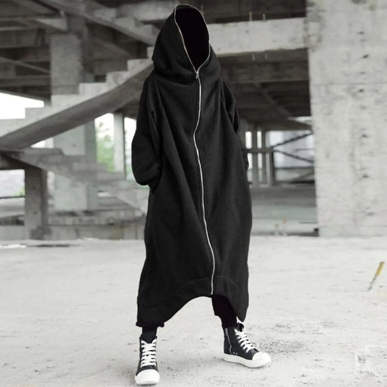 Men's Longline Hoodies Zip Up Dark Style Full Body Hooded Sweatshirts Casual Oversized Vintage Long Jacket with Pockets