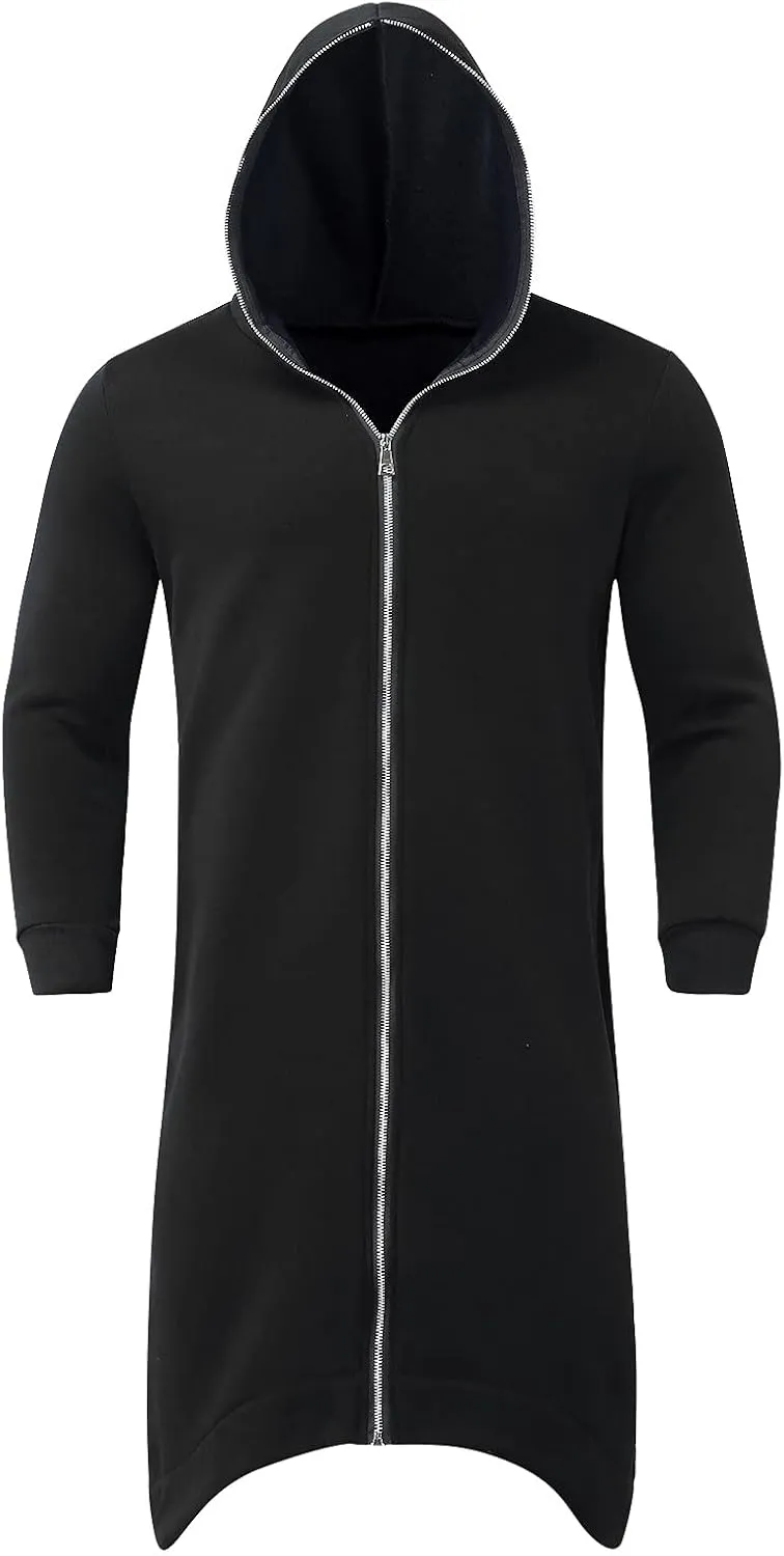Men's Longline Hoodies Zip Up Dark Style Full Body Hooded Sweatshirts Casual Oversized Vintage Long Jacket with Pockets