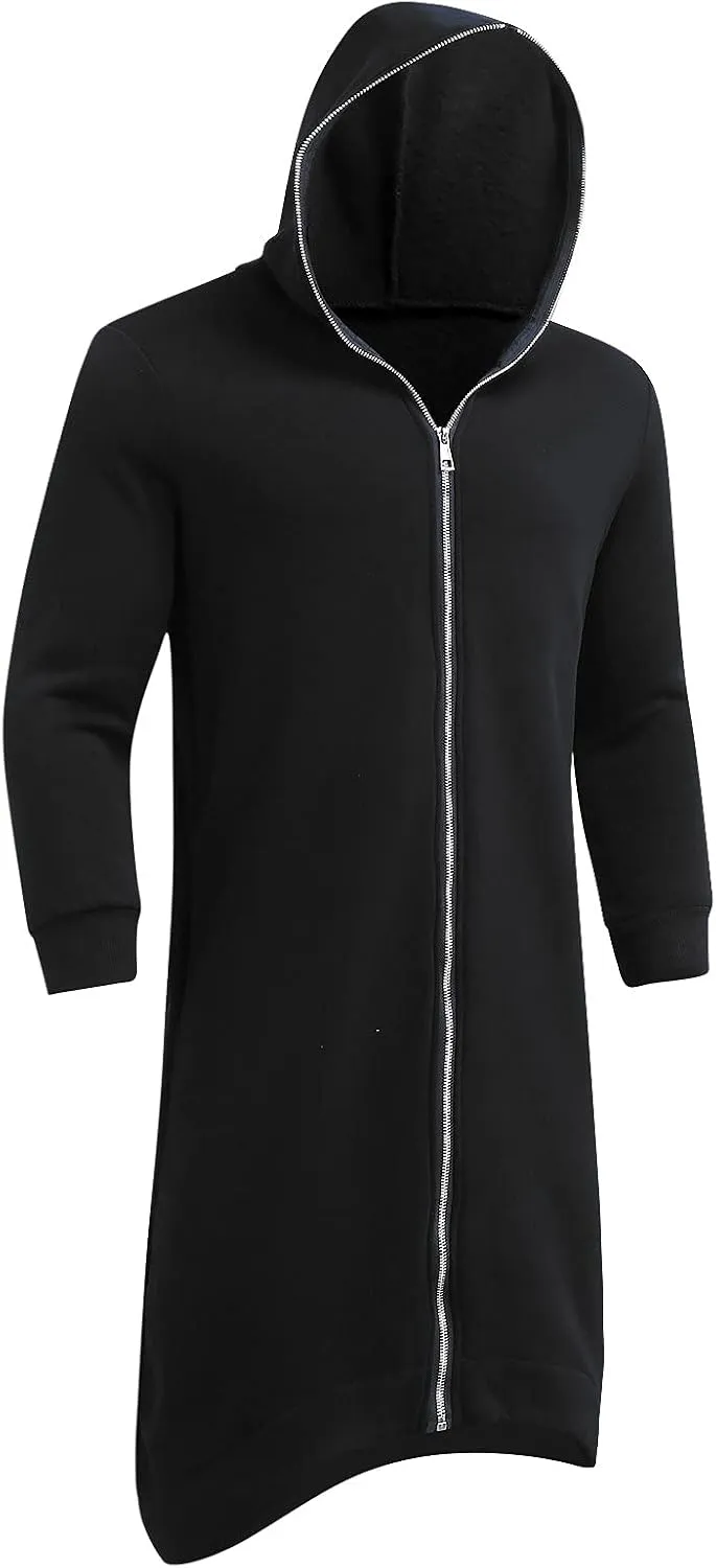 Men's Longline Hoodies Zip Up Dark Style Full Body Hooded Sweatshirts Casual Oversized Vintage Long Jacket with Pockets
