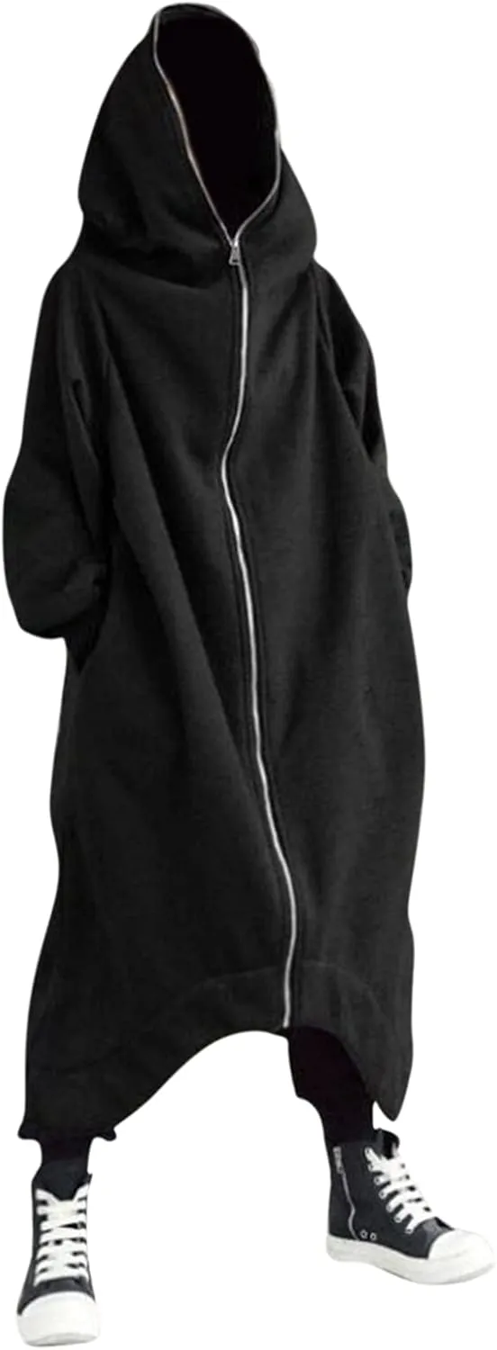 Men's Longline Hoodies Zip Up Dark Style Full Body Hooded Sweatshirts Casual Oversized Vintage Long Jacket with Pockets