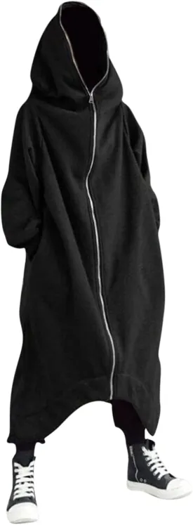 Men's Longline Hoodies Zip Up Dark Style Full Body Hooded Sweatshirts Casual Oversized Vintage Long Jacket with Pockets