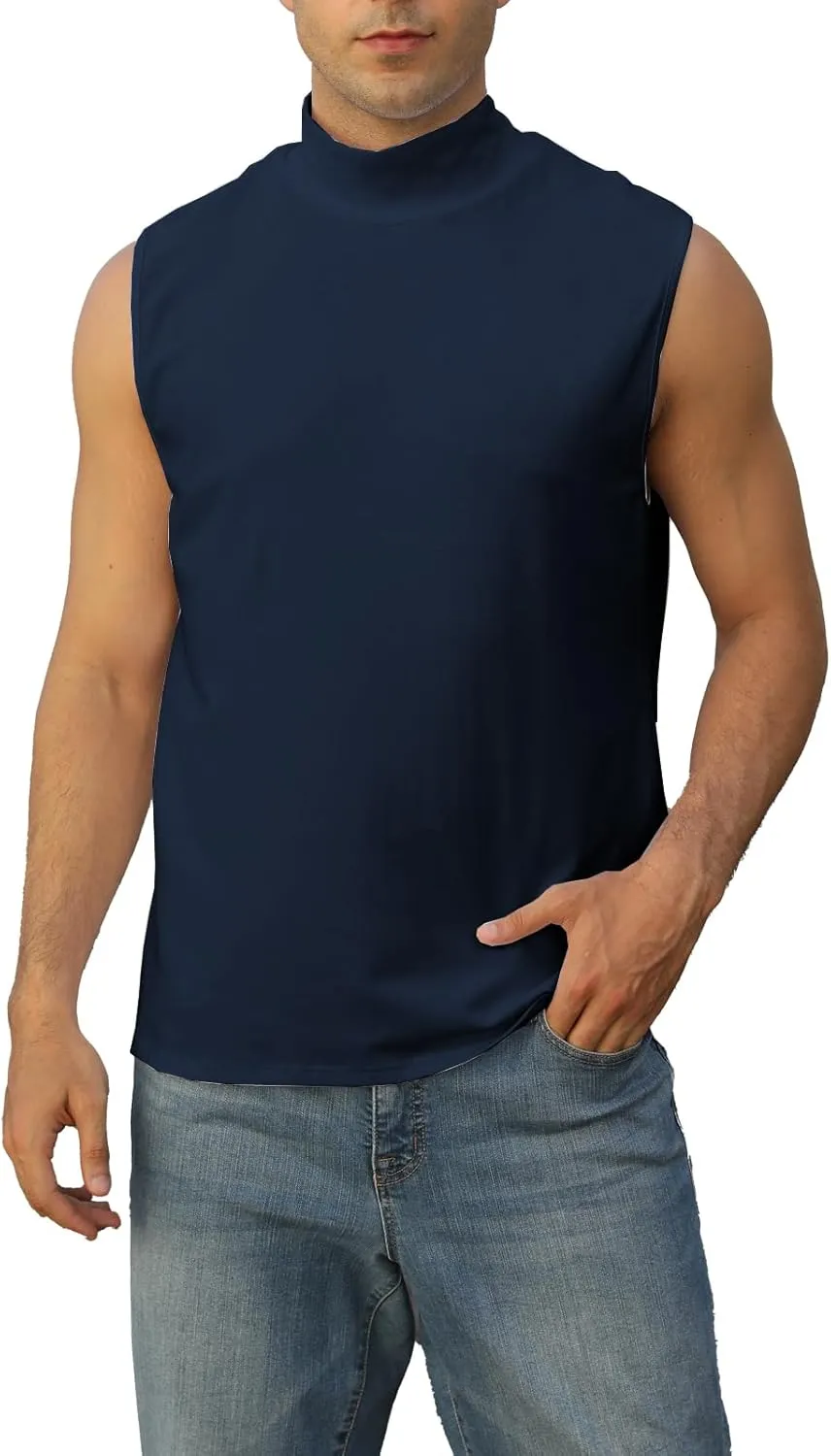 Mens Mock Turtleneck Tee Shirts Sleeveless Casual Basic Slim Fit Knitted Pullover Tank Tops