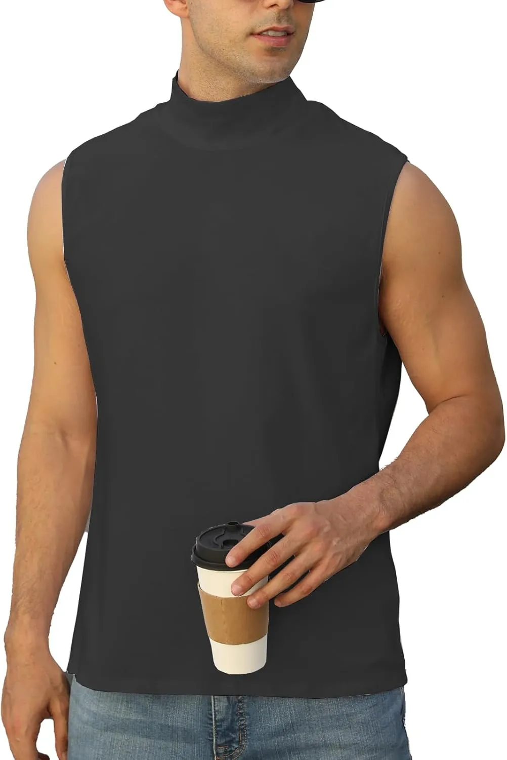 Mens Mock Turtleneck Tee Shirts Sleeveless Casual Basic Slim Fit Knitted Pullover Tank Tops