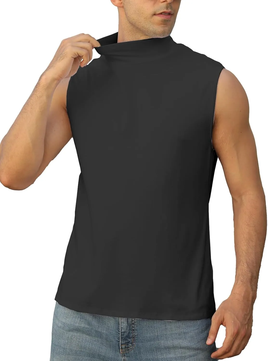 Mens Mock Turtleneck Tee Shirts Sleeveless Casual Basic Slim Fit Knitted Pullover Tank Tops
