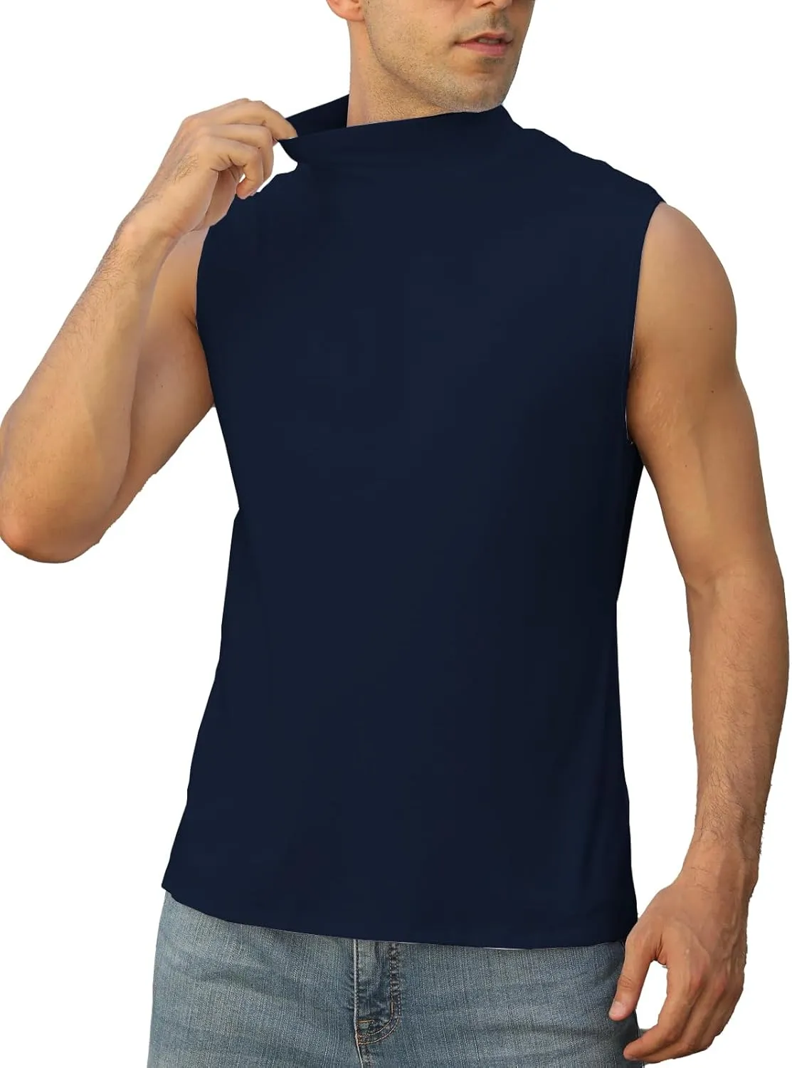 Mens Mock Turtleneck Tee Shirts Sleeveless Casual Basic Slim Fit Knitted Pullover Tank Tops