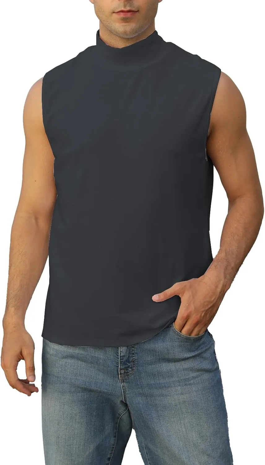 Mens Mock Turtleneck Tee Shirts Sleeveless Casual Basic Slim Fit Knitted Pullover Tank Tops