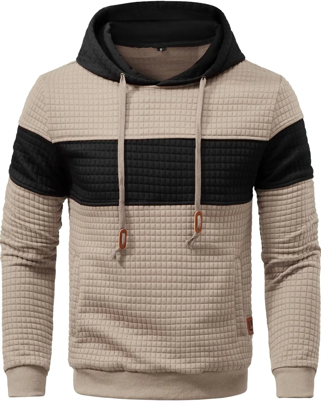 Mens Sweatshirts Long Sleeve Pullover Patchwork Plaid Jacquard Hoodie Casual Drawstring Hoody Top