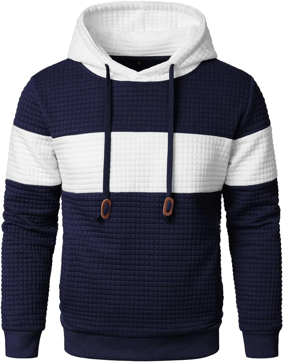 Mens Sweatshirts Long Sleeve Pullover Patchwork Plaid Jacquard Hoodie Casual Drawstring Hoody Top