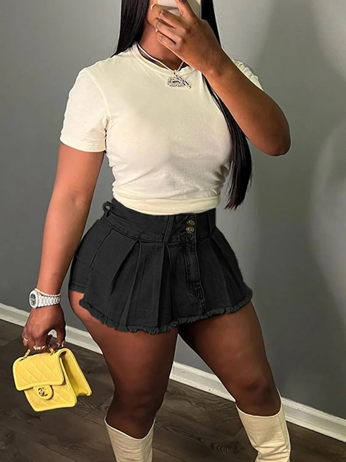 Molisry Women's Denim Shorts Skorts High Waist Double Side Asymmetrical Hem Jean Skort Skirt