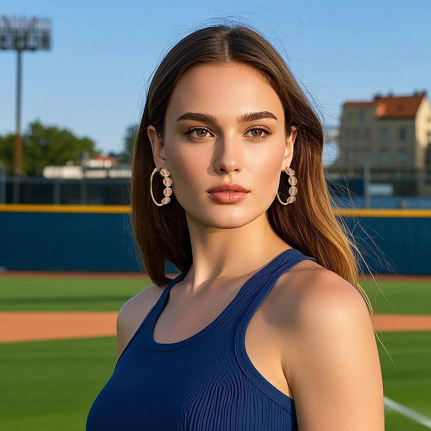 NLCAC Sports Earrings Rhinestone Basketball Football Baseball Hoop Earrings Gold Hoops Sports Fan Jewelry