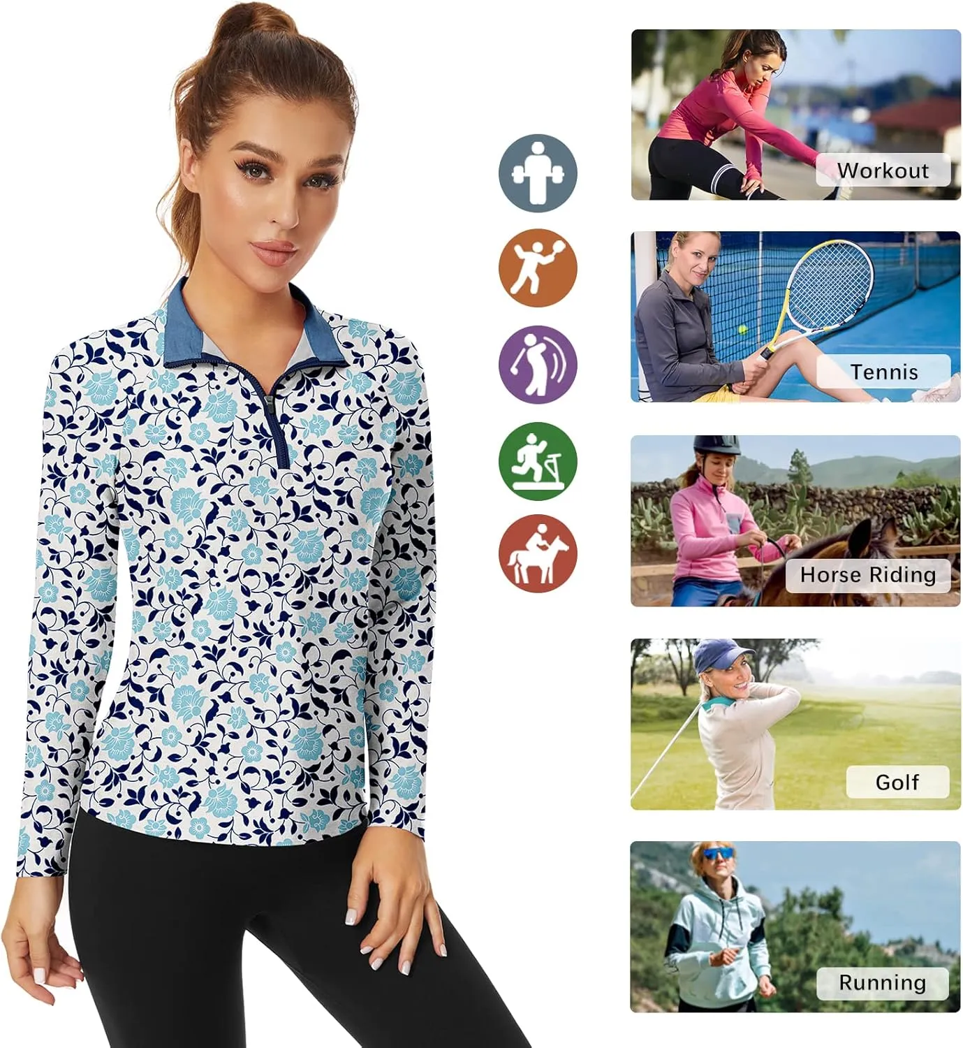 Soneven Women's Quarter Zip Polo Collared Golf Shirt Moisture Wicking Shirts Slim Fit for Casual Work