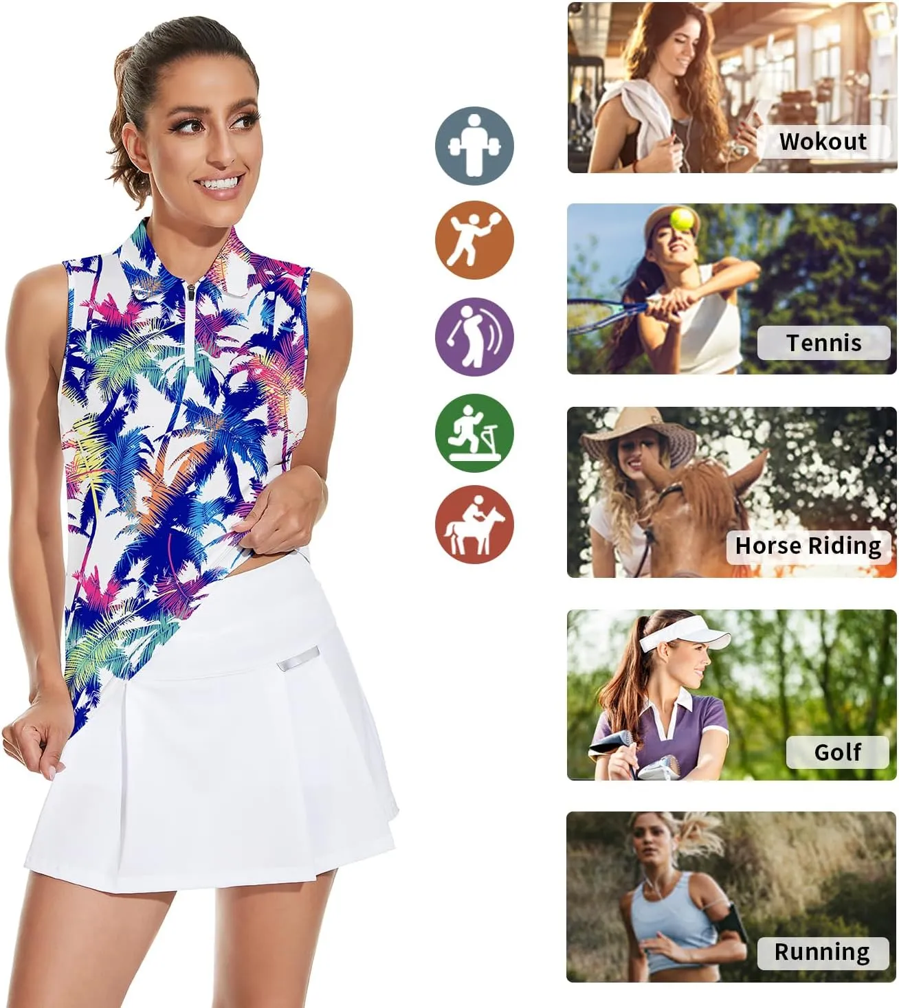 Soneven Women's Sleeveless Golf Top Floral Athletic Golf Wear Moisture Wicking Sleeveless Polo Quick Dry